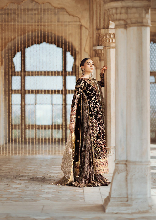 Classic Brown Velvet Pakistani Wedding Dress Kameez Crushed Sharara