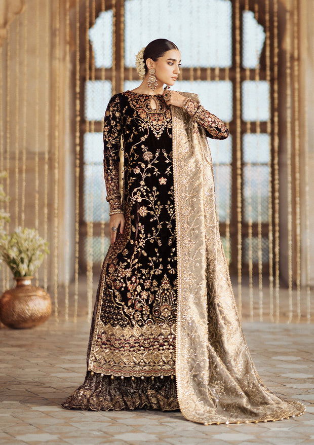 Classic Brown Velvet Pakistani Wedding Dress Kameez with Crushed Sharara