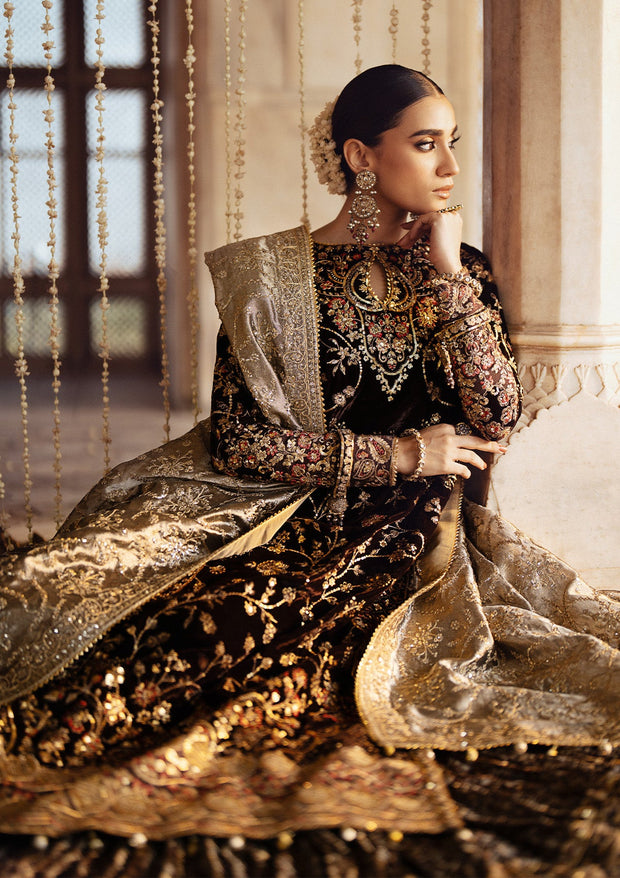 Classic Brown Velvet Pakistani Wedding Dress Kameez with Sharara