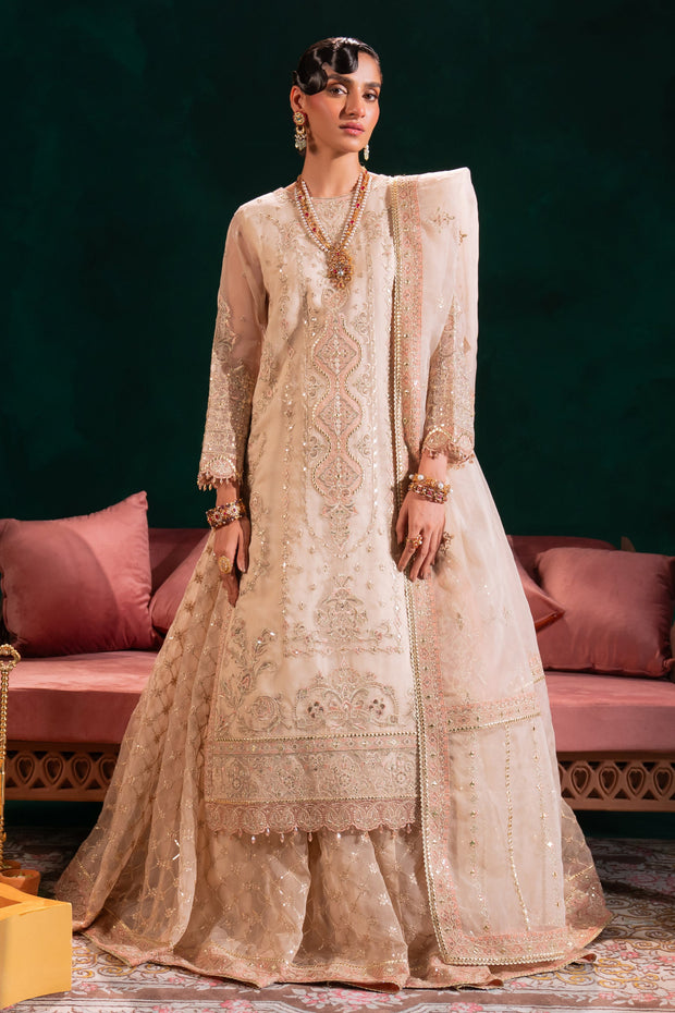 Classic Embroidered Pakistani Wedding Dress Beige Pink Long Shirt Lehenga