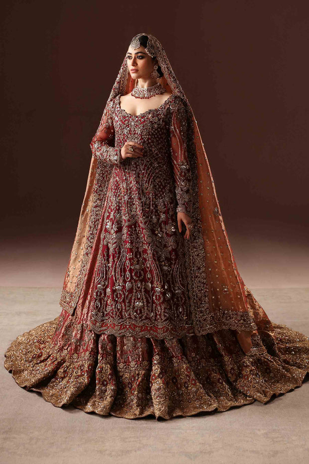 Classic Embroidered Scarlet Pakistani Bridal Dress in Farshi Lehenga Style