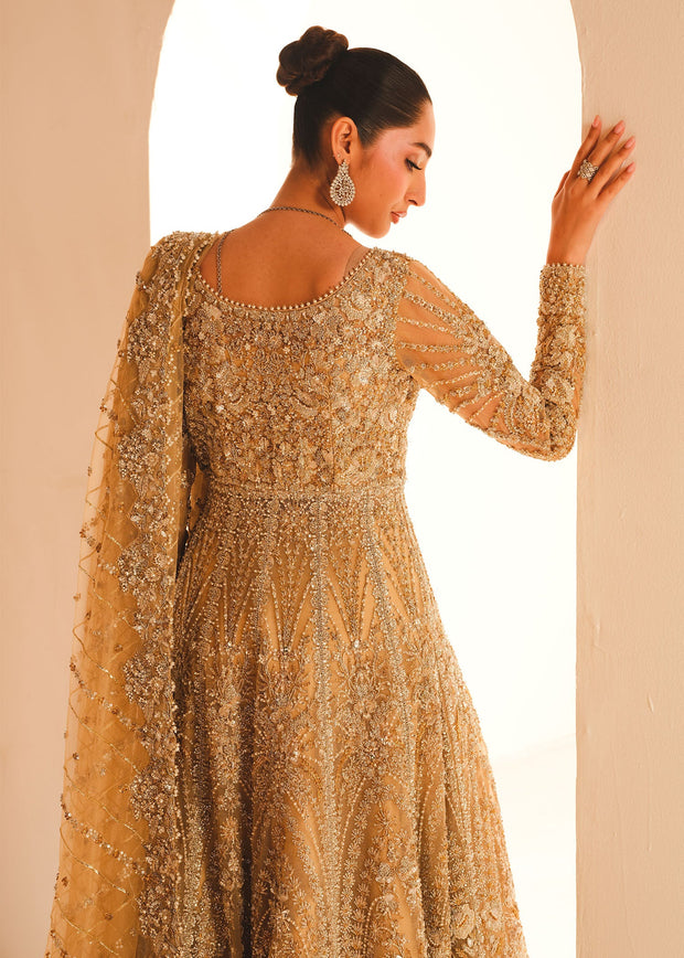 Classic Gold Pakistani Bridal Dress in Gown and Lehenga Style