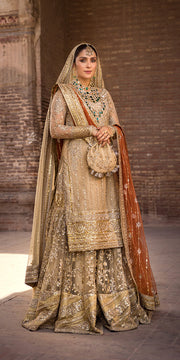 Classic Golden Gharara Kameez Dupatta Pakistani Wedding Dress