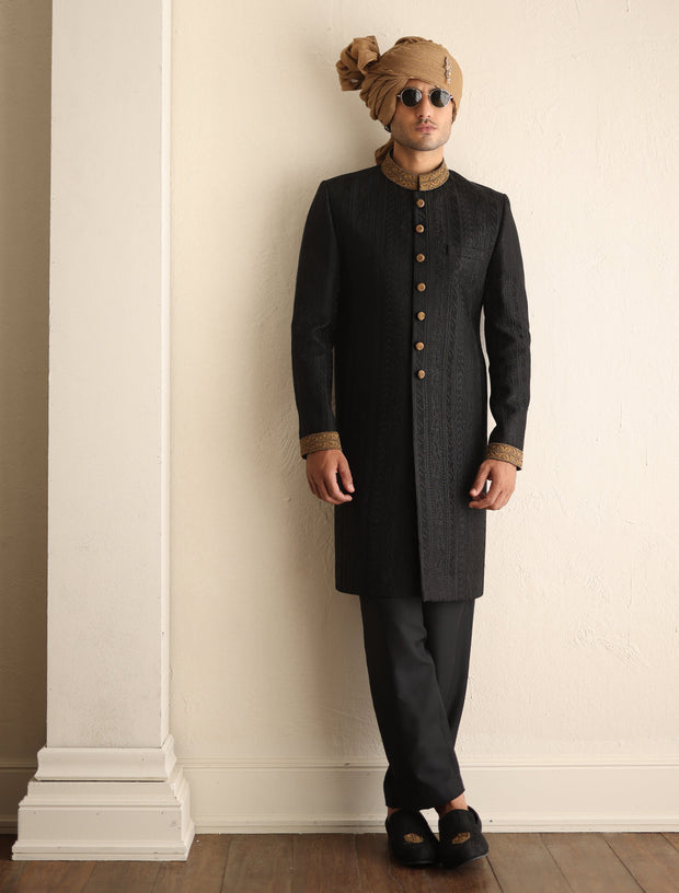 Classic Jet Black Embroidered Pakistani Groom sherwani