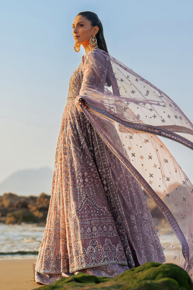 Classic Lilac Double Layered Pishwas Style Pakistani Wedding Dress