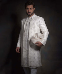 Classic Off White Mirror Embellished Pakistani Groom Sherwani