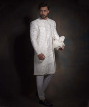 Classic Off White Mirror Work Embellished Pakistani Groom Sherwani