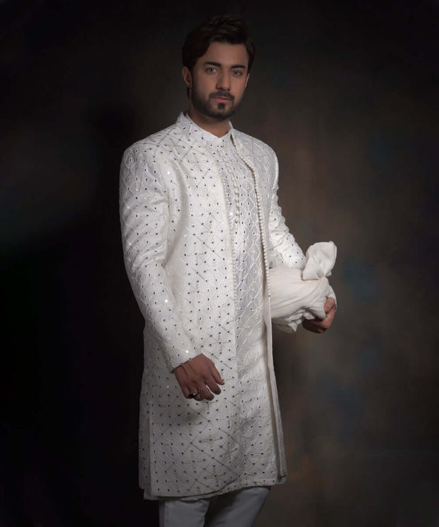 Classic Off White Mirror Work Embellished Pakistani Groom Sherwani