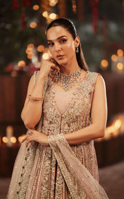 Classic Pakistani Bridal Dress in Pink Open Gown Lehenga Style