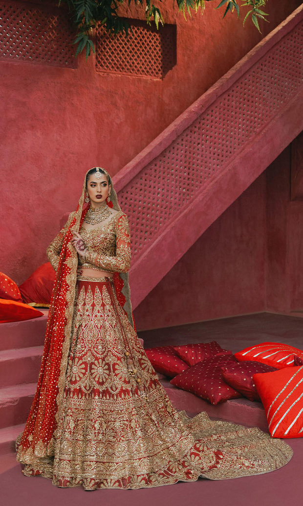 Classic Pakistani Bridal Dress in Red Choli and Lehenga Style