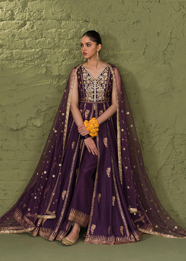 Classic Purple Pakistani Wedding Dress Kalidar Frock Pishwas Style