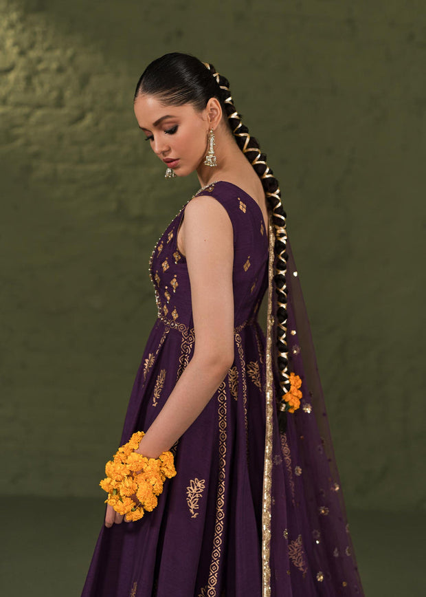 Classic Purple Pakistani Wedding Dress in Frock Pishwas Style