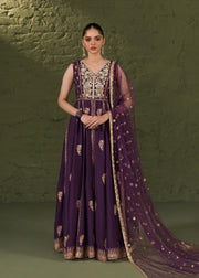 Classic Purple Pakistani Wedding Dress in Kalidar Frock Pishwas Style