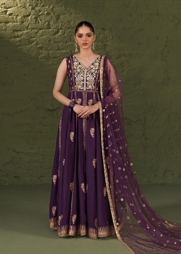 Classic Purple Pakistani Wedding Dress in Kalidar Frock Pishwas Style