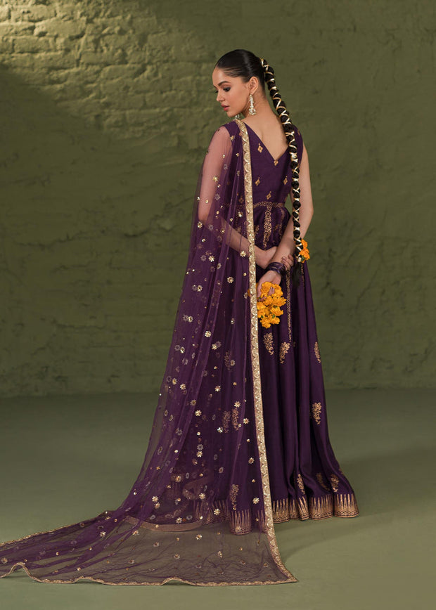 Classic Purple Pakistani Wedding Dress in Kalidar Frock Pishwas