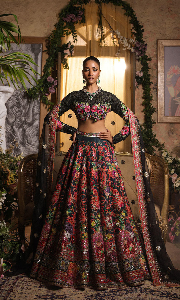 Classic Raw Silk Indian Lehenga Choli Dress in Black