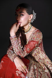 Classic Red Pakistani Bridal Dress in Open Gown Lehenga Style