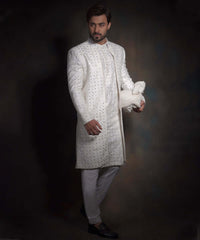 Classic White Mirror Work Embellished Pakistani Groom Sherwani