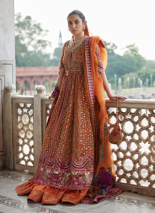 Classic Rust Pakistani Wedding Dress in Kalidar Lehenga