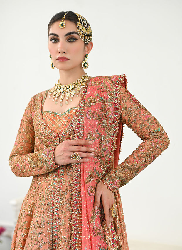 Coral Farshi Lehenga Frock Dupatta Pakistani Bridal Dress