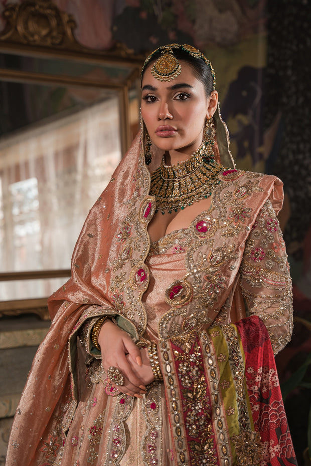 Coral Peach Embroidered Pakistani Bridal Dress Lehenga Pishwas