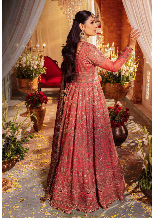 Coral Pink Embroidered Pakistani Wedding Dress Chiffon Frock