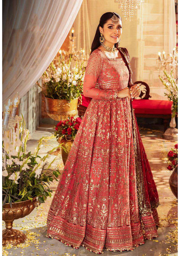 Coral Pink Embroidered Pakistani Wedding Dress Royal Chiffon Frock