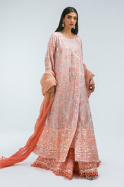 Creamy Peach Luxury Pret Poly Slub Angarkha Pakistani Party Wear