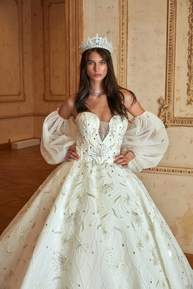 Crystal Embellished Off-White Wedding Gown Bridal Dress