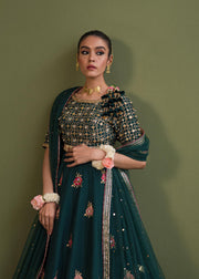 Dark Green Tilla Embellished Pakistani Lehenga Choli Dupatta