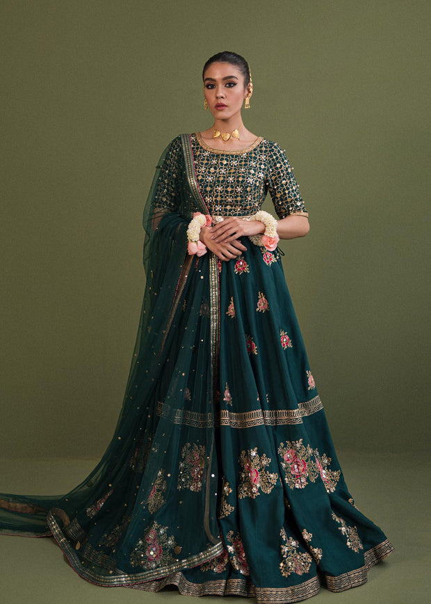 Dark Green Tilla Embellished Pakistani Wedding Lehenga Choli