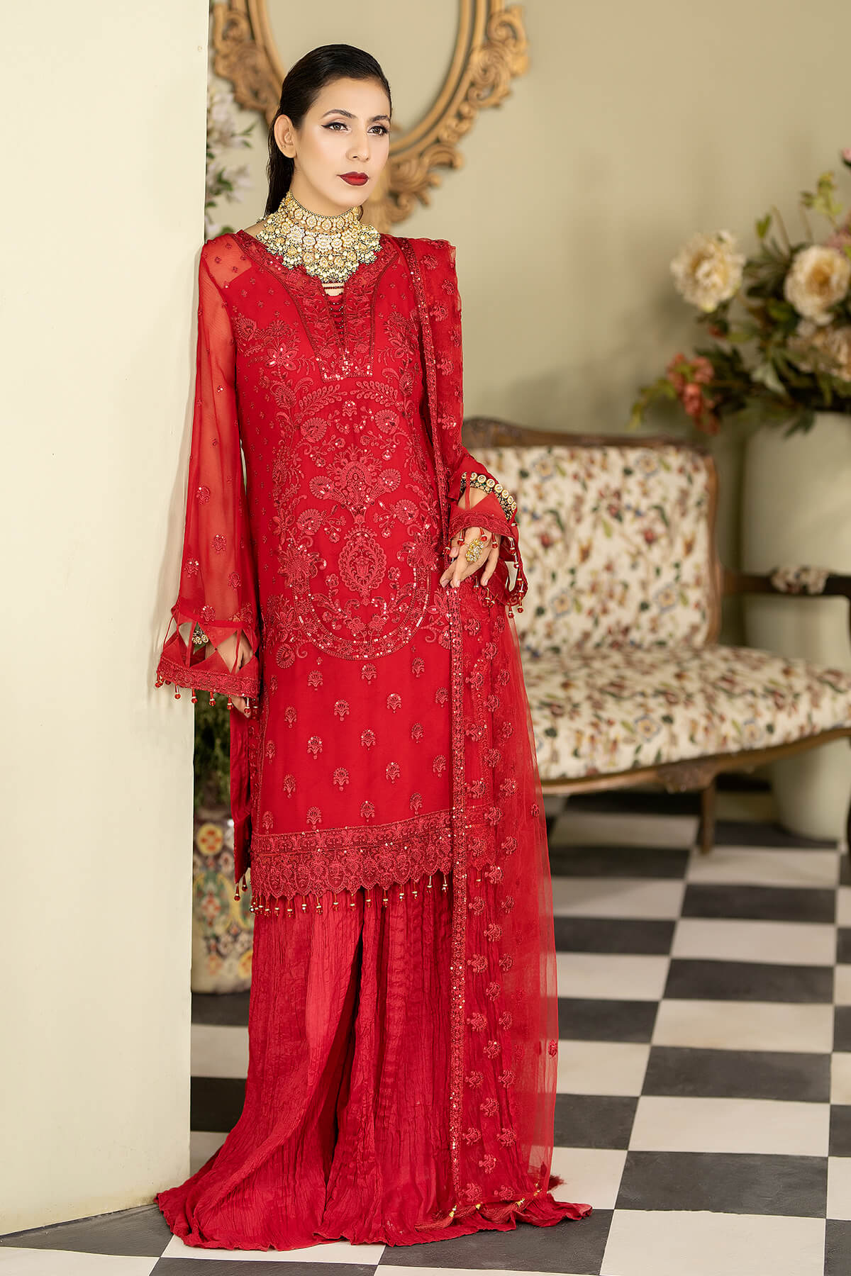 Deep Red Pakistani Salwar Kameez Dupatta Salwar Suit – Nameera by Farooq