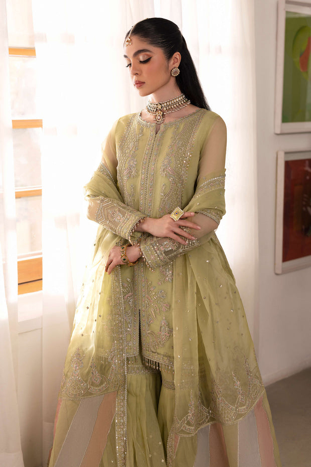 Dusty Lime Heavily Embellished Kurta Sharara Pakistani Wedding Dress