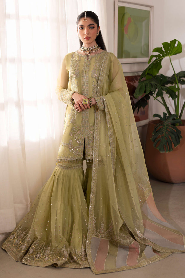 Dusty Lime Heavily Embellished Kurta Sharara Style Pakistani Wedding Dress