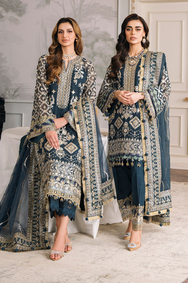 Elegant Blue Pakistani Party Dress in Kameez Trouser Style