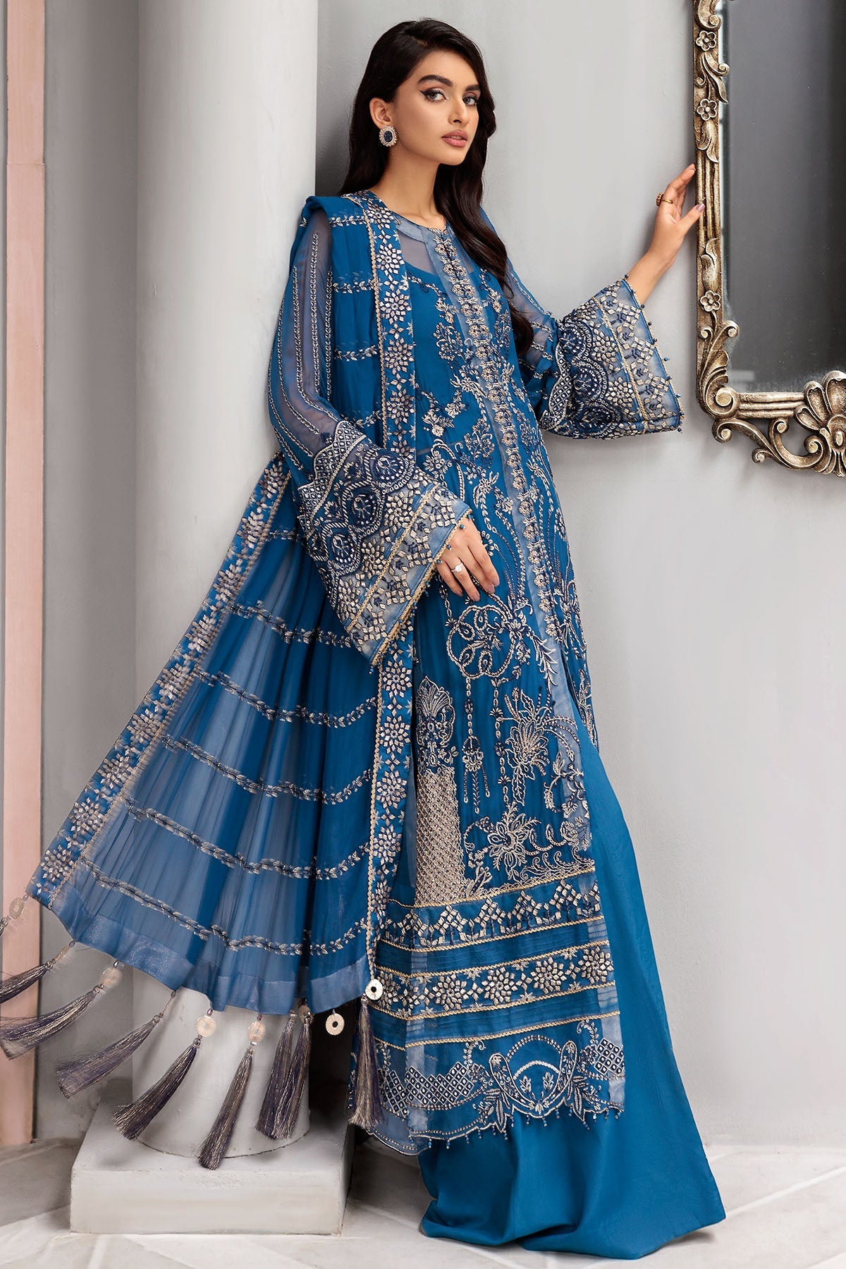 Blue Pakistani Salwar Kameez in Premium Chiffon Fabric – Nameera by Farooq
