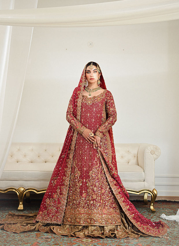 Elegant Burgundy Pakistani Bridal Dress in Lehenga Kameez Style