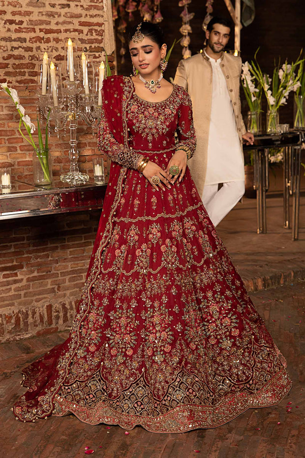 Elegant Deep Red Pakistani Bridal Outfit in Choli Lehenga Style