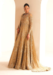 Elegant Gold Pakistani Bridal Dress in Gown and Lehenga Style