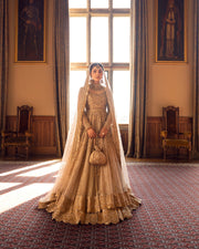 Elegant Gold Pakistani Bridal Dress in Pishwas Lehenga Style