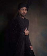 Elegant Jet Black Embroidered Pakistani Groom Sherwani