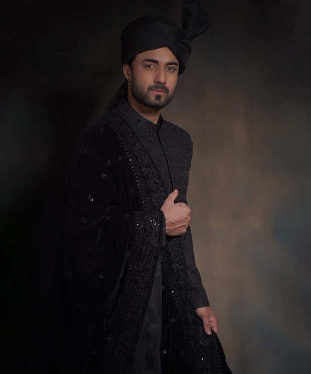 Elegant Jet Black Embroidered Pakistani Groom Sherwani