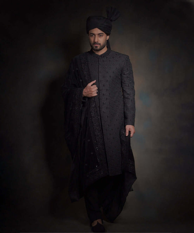 Elegant Jet Black Heavily Embroidered Pakistani Sherwani