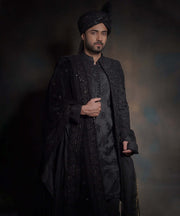 Elegant Jet Black Heavily Pakistani Groom Sherwani