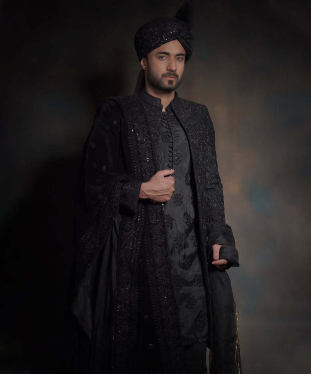 Elegant Jet Black Heavily Pakistani Groom Sherwani