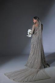 Elegant Net Pakistani Bridal Dress in Grey Lehenga Shirt Style