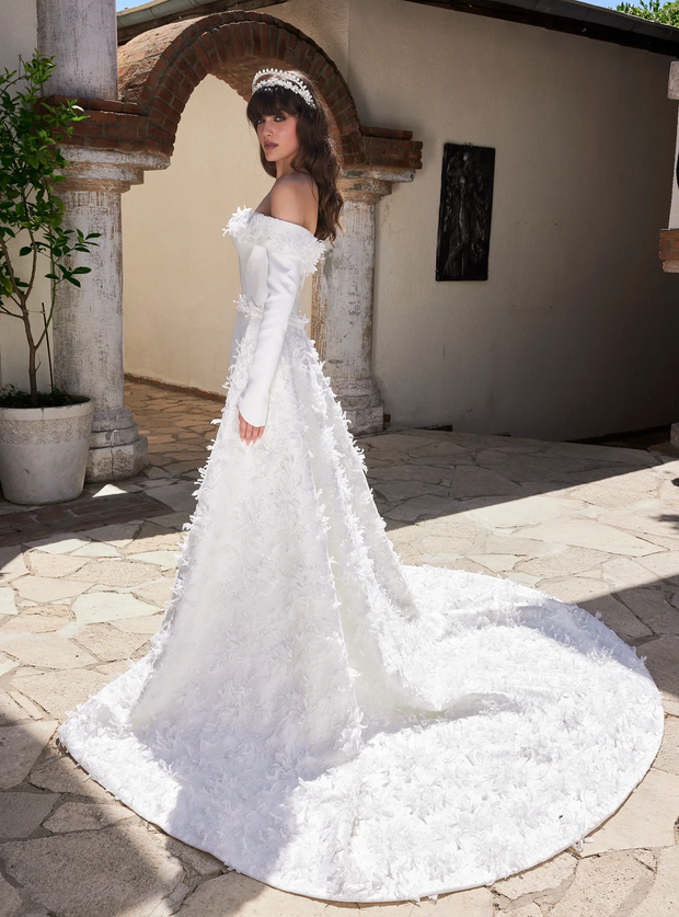 Elegant Off Shoulder Bridal Gown with Detachable Train