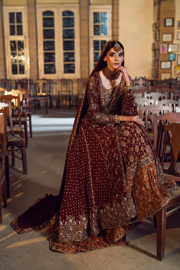 Elegant Open Pishwas Lehenga and Dupatta Pakistani Bridal Dress