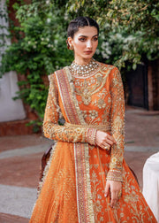 Elegant Orange Pakistani Party Dress in Pishwas Dupatta Style