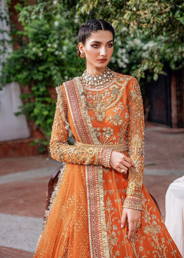 Elegant Orange Pakistani Party Dress in Pishwas Dupatta Style